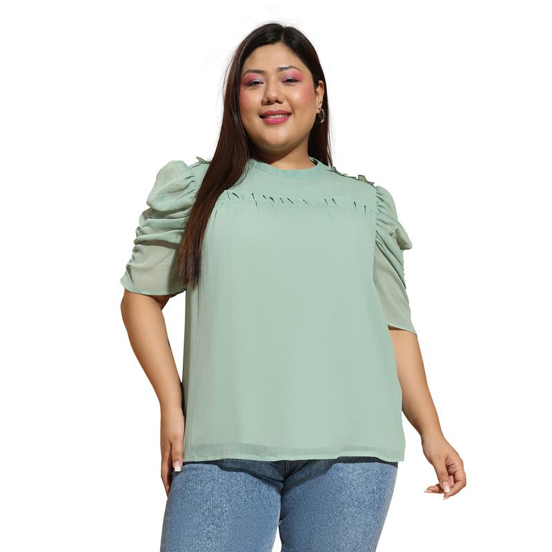 Image of oxolloxo Women Plus Size Round Neck Short Sleeve with Gather Pleates Ruffle Detail Top