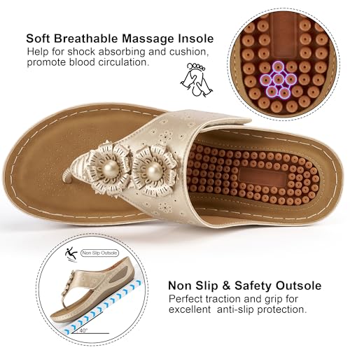 Image of Ecetana Womens Wedge Flip Flops: Orthopedic Cushion Non Slip Sandals - Comfortable Walking for All Day - Stylish Flower Adjustable Thong Sandals for Summer Casual Outing