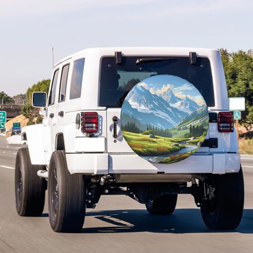 Image of KiuLoam Mountain Landscape Nature Blue Green Spare Tire Cover Waterproof Dust-Proof Universal Sunscreen Wheel Tire Covers Fit for Trailer, RV, SUV and Many Vehicle 14 Inch