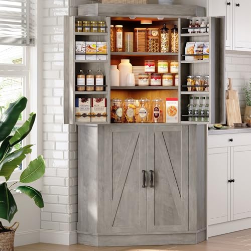 Corner Cabinet,71'' Kitchen Pantry Storage Cabinet with 4 Doors and Shelves, Tall Food Pantry Storage Cabinet Farmhouse Furniture for Kitchen Dining Room, Grey