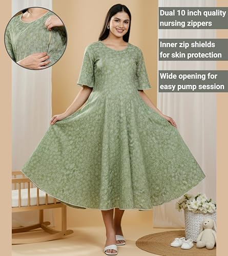 Image of DUMMY SHAPE Feeding Kurtis for Women Cotton Rayon | Printed Pregnancy Flare Kurta with Nursing Zippers to Pre & Post Partum | Maternity Dresses | Gifts for Pregnant Woman