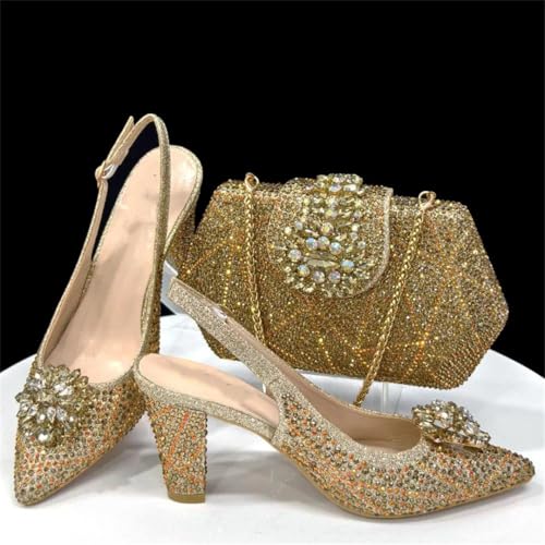 Wjnvfioo African Shoes and Bag Matching Set Gold Women Wedding Evening Shoes and Bag Set2