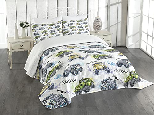 Ambesonne Cars Bedspread, Hand Drawn Watercolored Monster Trucks Enormous Wheels Off Road Lifestyle, Decorative Quilted 2 Piece Coverlet Set with Pillow Sham, Twin Size, Blue Yellow