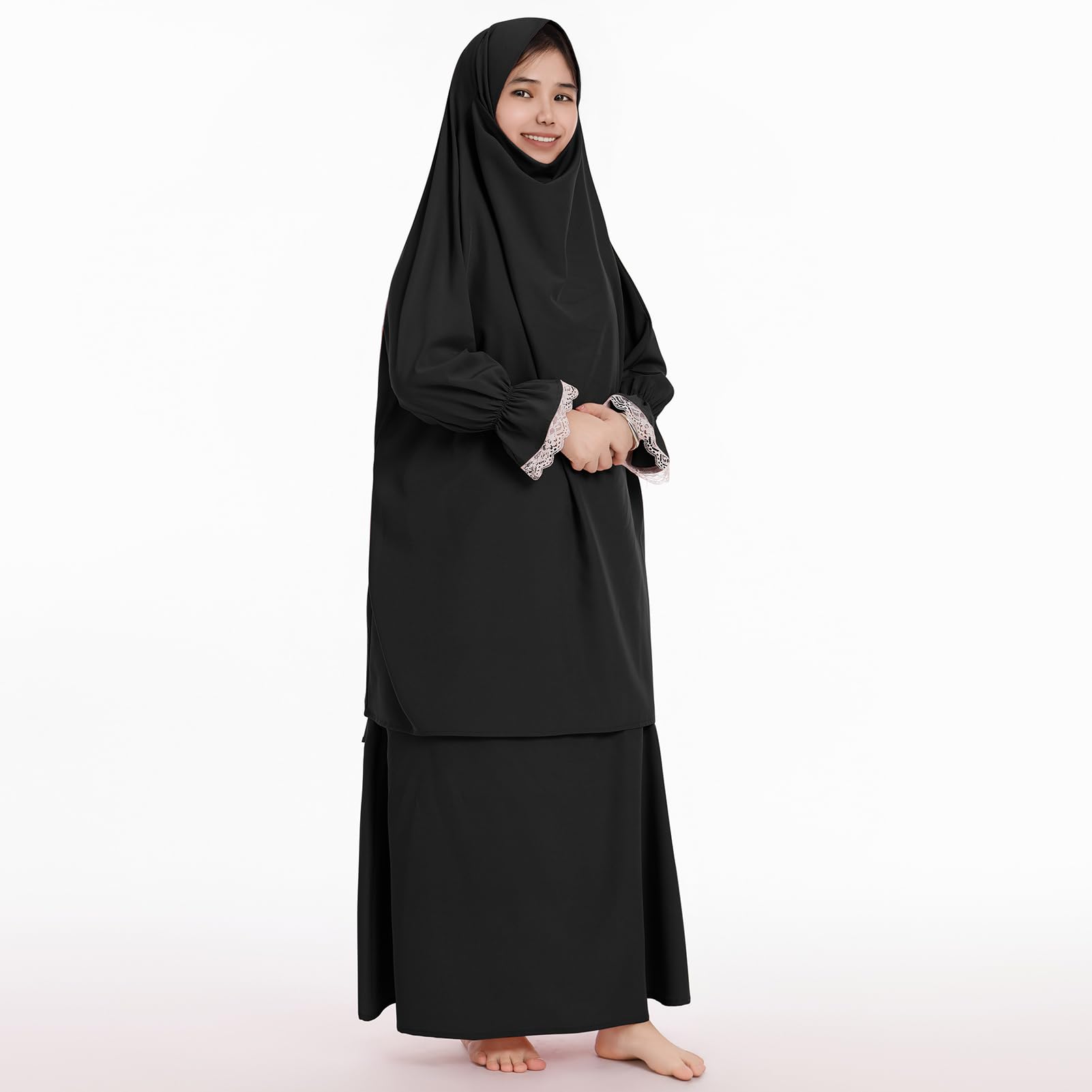 IMEKIS Muslim Abaya Prayer Clothes for Kids Girls Lace Long Sleeve Full Cover Hijab Dress Kaftan Set Islamic Jilbab Loose Skirt Modest Clothing Black 18-24 Months