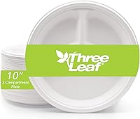 Vista 19 de three leaf 23 cm PLATO REDONDO DE BAGASSE DE 3 COMPARTIMENTOS, 50 unidades. Platos desechables de bagasse resistentes, super fuertes, naturales