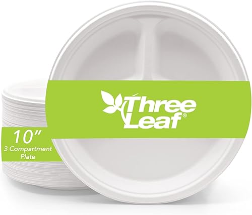 Three Leaf Plato redondo de bagazo de 3 compartimentos de 10 pulgadas, 500 unidades de platos de bagazo desechables de alta resistencia, súper