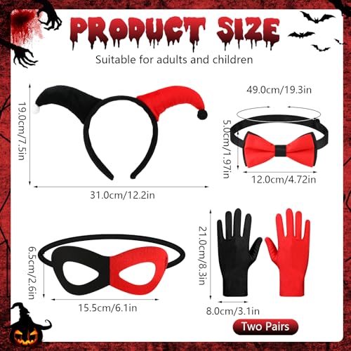 Quinn Jester Costume Accessories for Women & Kids - 5PCS Black & Red Halloween Clown Headband, Eye Mask, Bow Tie, Gloves - Image 2