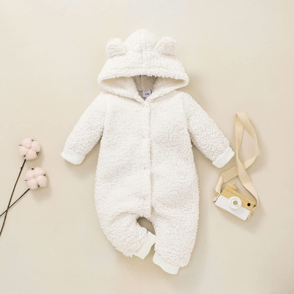 Newborn Baby Layette Set Unisex Baby Warmly Outwear Hooded Rompers Jumpsuit Infant Playsuits Fall Winter (White,6-9 Months)