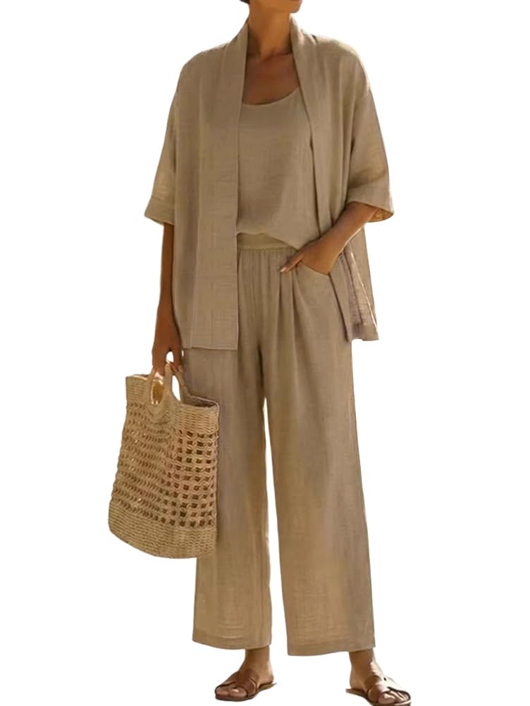 shownicer Ensemble Femme 3 Pièces Survetement Débardeur Et Manche 3/4 Cardigan Et Pantalon Tenue Chic Et Elegant