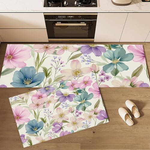 Alfombra de cocina antideslizante de alta durabilidad con elegante diseño floral de acuarela 4