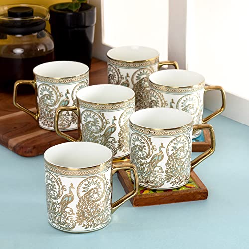 Image of Clay Craft Fine Ceramic Gold Print Tea Cups /Mugs Set of 6-220 ml Each (Director E697), Tea Cup Set of 6, Mugs for Coffee, Cups Set of 6, Mug Set, Ideal for Gifting, Perfect for Home and Office
