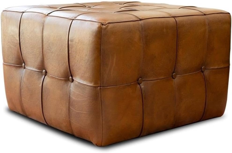 Pemberly Row Mid-Century Square Ottoman, 27.5 in Genuine Leather, Tan Upholstery, High Density Foam Cushion, Solid Frame, Modern Design, Living Room or Home Office Furniture