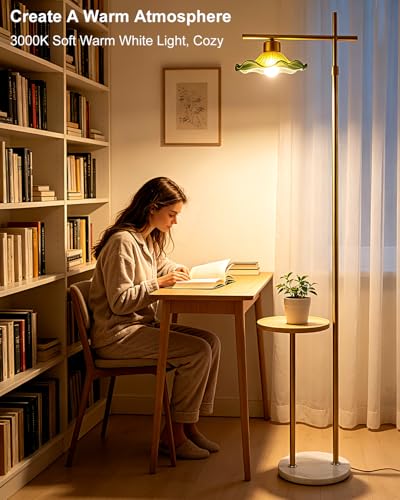 Image of Lightdot Modern Glass Floor Lamp with Table, Gold Standing Lamp with Green Lotus Leaf Glass Shade, Dimmable LED Floor Lamp with Marble Base for Living Room Bedroom Home Decor, Bulb Included