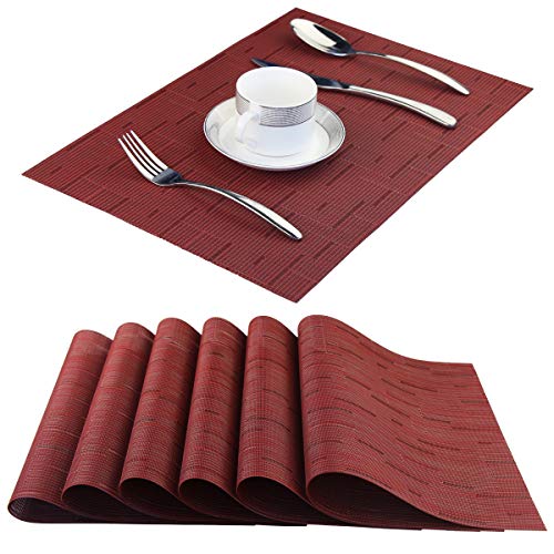 BeChen Plastic PlacematsNon Slip Washable Placemats for Dining Table Wipe Clean Table Mats Set of 6Burgundy Red