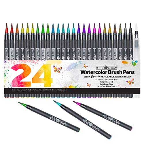 Watercolor Brush Pens â€“ Includes 24 Colorful Watercolor Markers (Flexible Nylon Brush Tips) with 1 Refillable Water Blending Brush | Watercolor Paint Pens Art Supplies for Teens, Kids and Adults