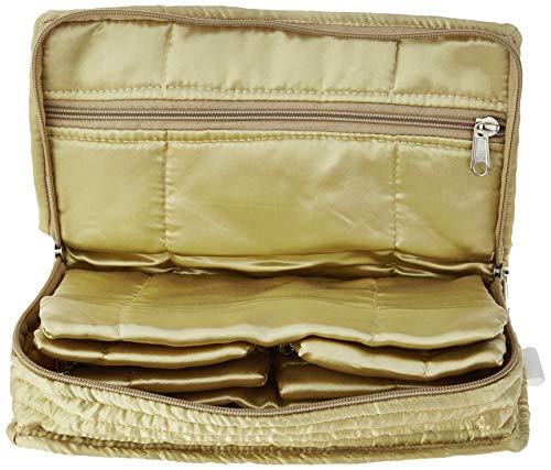 Image of Amazon Brand - Solimo Cotton Blend Embroidery Jewellery Kit cum Pouch, Pink Satin Jewellery Pouch Cum Makeup Kit, Gold