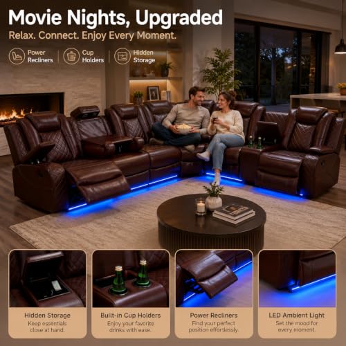 Image of Power Reclining Sectional Sofa for Living Room,Modern L-Shaped Air Leather Sectional Couch Set,Recliner Sofa Set,with LED Lights,Cup Holder,Storage,Charging Ports,Home (Red, Sectional)