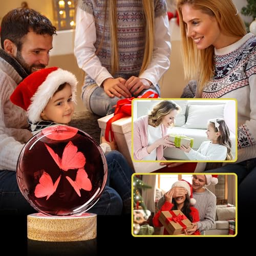 Image of 3D Butterfly Crystal Ball Night Light with Woodern Base, 3.15 inch Butterfly Figurine Glass Lamp with 16 Colors Cute Desk Decor for Home Butterfly Gifts for Women Kids Friends