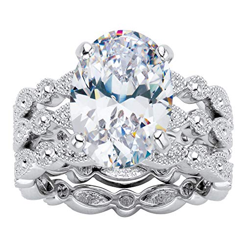Palm Beach Jewelry Platinum Plated Oval Cut Cubic Zirconia 3 Piece Scalloped Bridal Ring Set Size 7