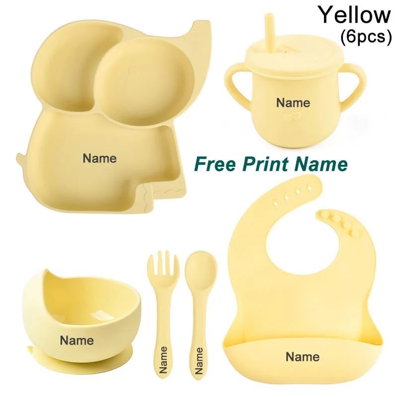 Personalized Baby Name Elephant Feeding Set 6Pcs, Custom Name Baby Silicone Weaning Set, Feeding Set With Name BPA Free