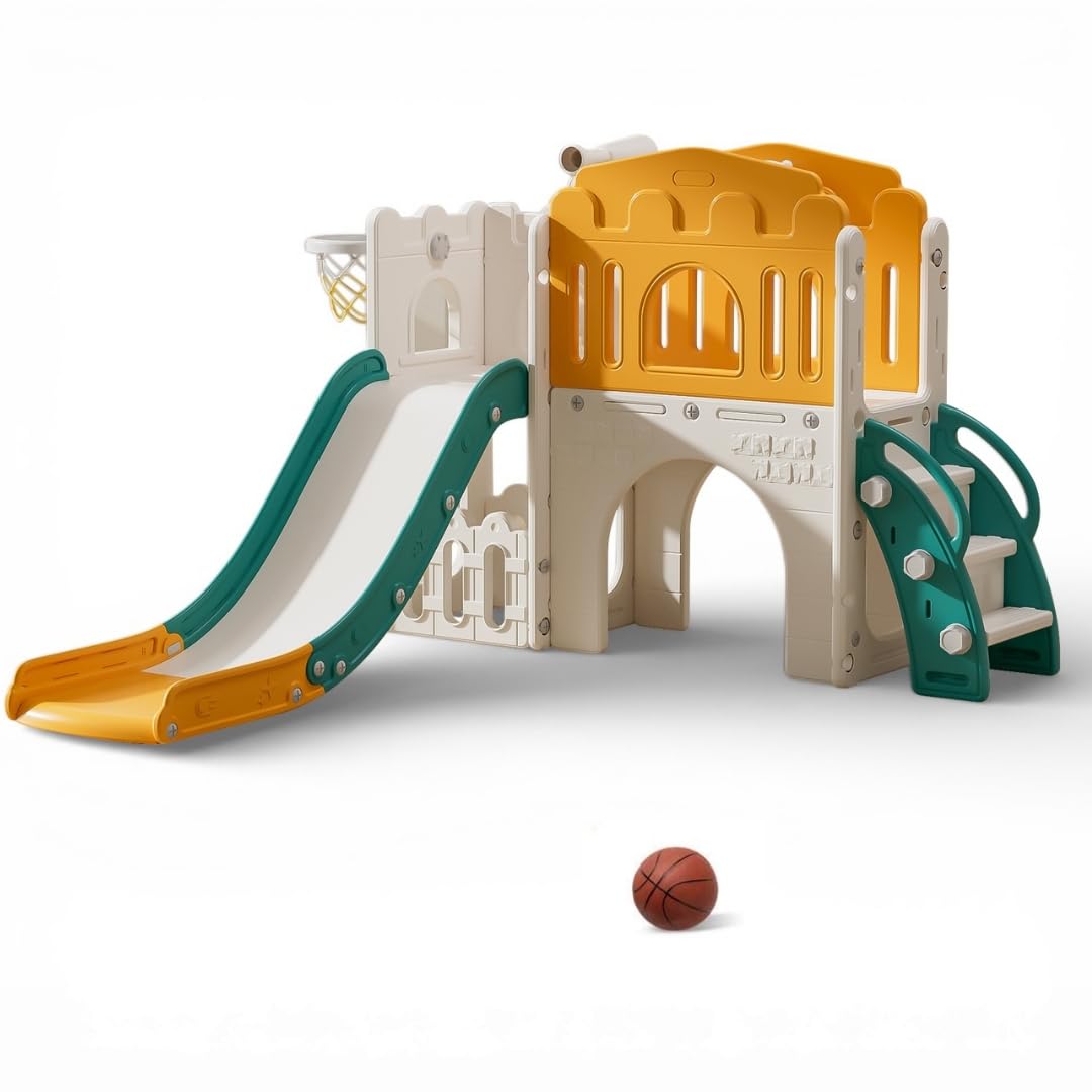 Stena Spielhaus mit Rutsche und Brücke - Basketballkorb, Ball & Spielzeug-Teleskop - Indoor & Outdoor - Spielturm - Klettergerüst für Kleinkinder