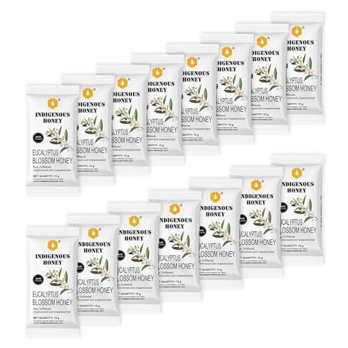 Image of INDIGENOUS HONEY Organic Eucalyptus Honey Natural Raw Pure Unprocessed Added Sugar Free NMR Tested Unpasteurized Unheated 15 Travel Sachets 15g Each Total 225g