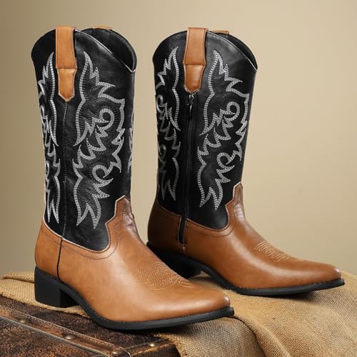 Santimon Men's Leather Cowboy Boots with Zipper, Slip on Western Style Boots with Embroidery3