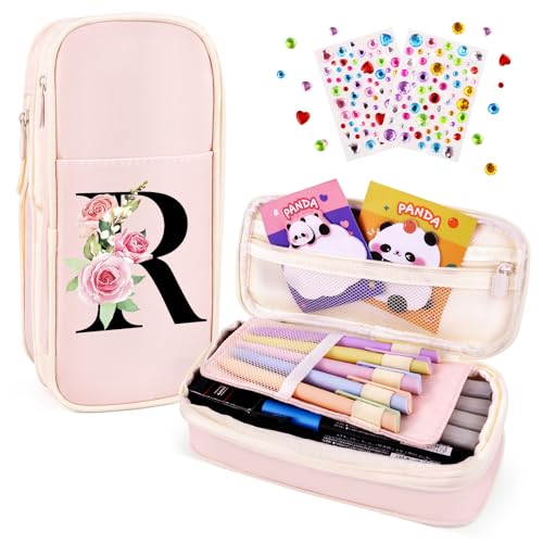Image of Preppy Pencil Case for Girls, Cute Large Pencil Pouch, Personalized Initial Pencil Bag with Zipper for School College Office Supplies, Back to School Supplies Gifts for Teen Girls (R, Pink)