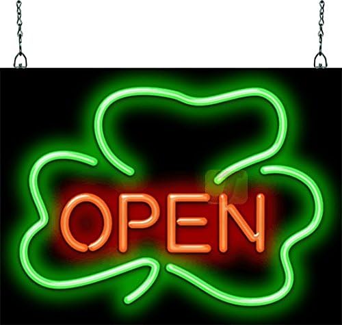 Letrero de neón abierto de trébol, 20 pulgadas de ancho x 15 pulgadas de alto, neón doblado a mano de calidad, letras rojas con un gráfico de trébol