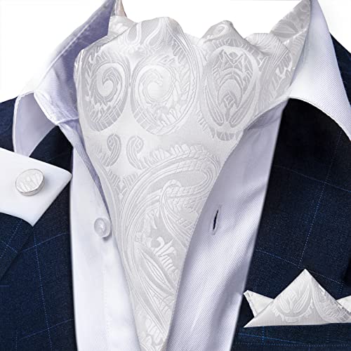 Image of DiBanGu Mens Silk Ascot Ties Paisley Jacquard Woven Cravat and Pocket Square Cufflinks with Lapel Pin for Business Wedding