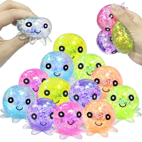 12 Pack Squishy Toy Balls for Kids Cute Stress Relief Stress Ball Fidget Toys Bulk Squishy Squeeze Ball Set for Kids Girls Boys Girls Party Favors (Octopus)