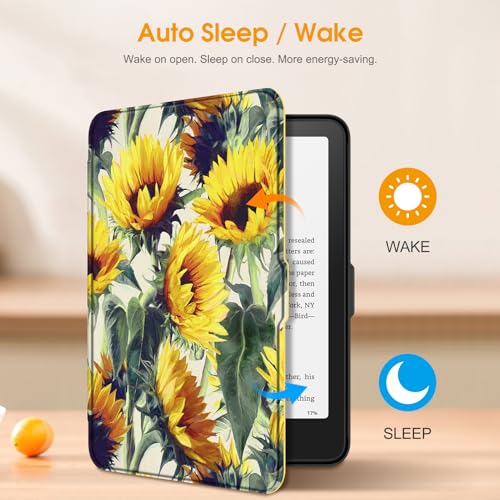Image of Fintie Case for 7 inch All-New Kindle Paperwhite (12th Generation, 2024) and Kindle Colorsoft Signature Edition - Slim Lightweight Shell PU Leather Protective Cover with Auto Sleep /Wake, Sunflowers