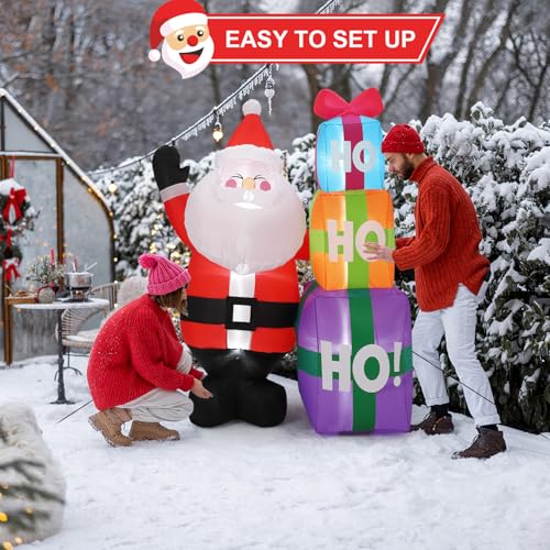 6FT Christmas Inflatable Outdoor Decorations, Cute Santa with Gift Box, Blow Up Xmas Yard Decoration for Holiday Home Party Garden Lawn Decor, Indoor Outdoor Use, Easy Installation