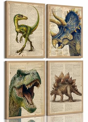 4Pcs Dinosaur Canvas Wall Art Retro Tyrannosaurus Stegosaurus Triceratops Parasaurolophus Wall Decor Pictures Canvas Posters Prints For Children Room Baby Boy Nursery Boys room Bedroom Unframed
