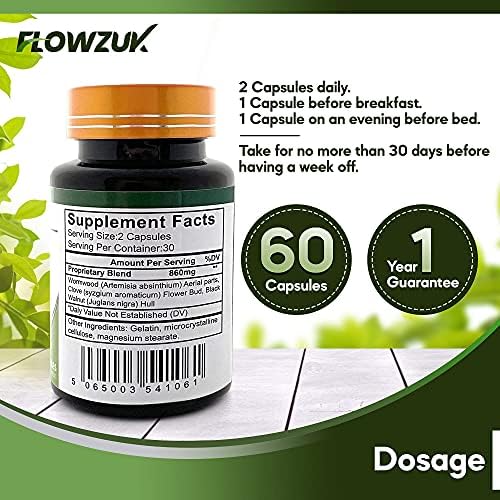 Organic Wormwood Clove and Black Walnut Gut Support Colon Detox for Humans Health Intestinal Strong Natural Cleanse by Flowzuk Capsules