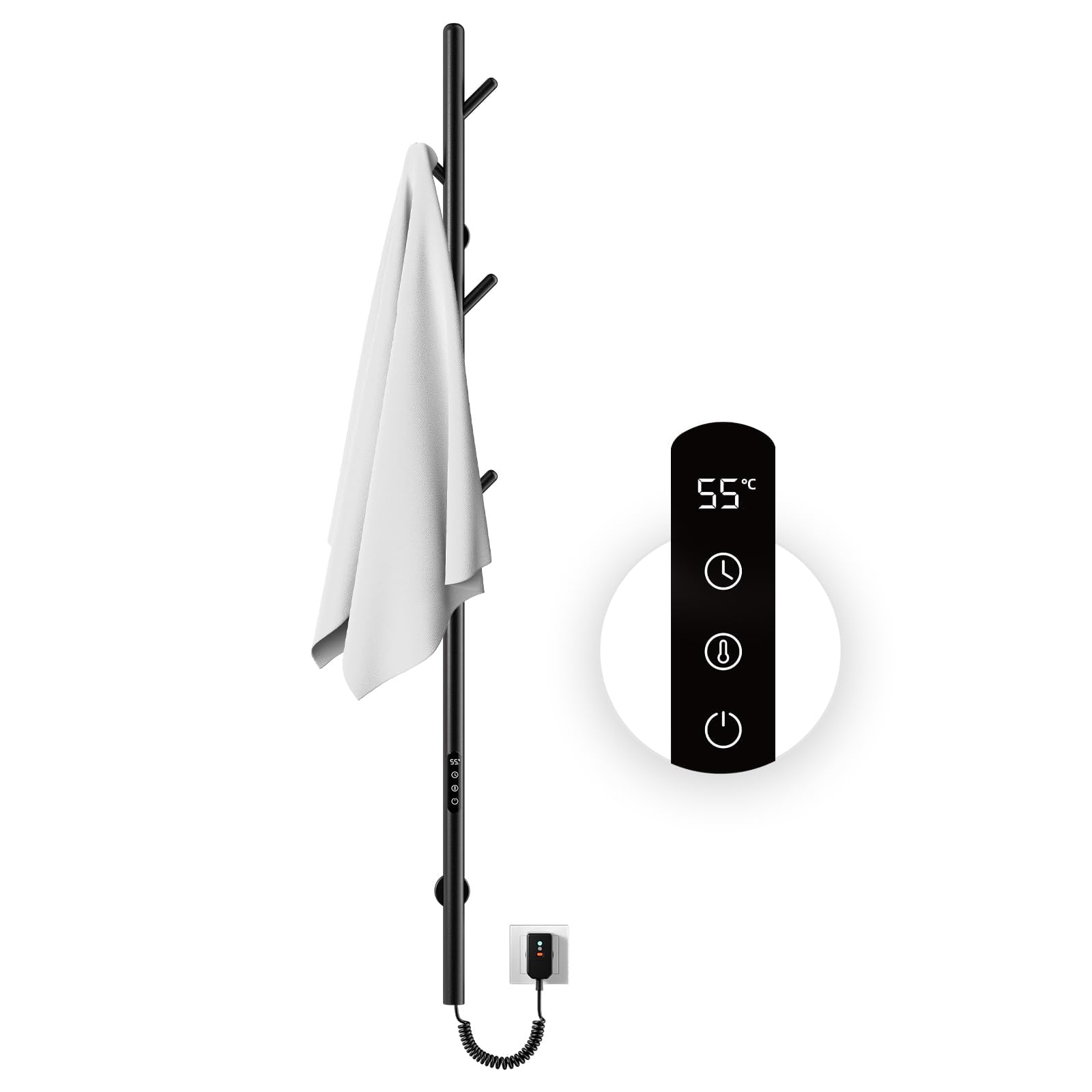 Toallero Eléctrico,Radiador de baño termostático inteligente,Toallero electrico baño negro,1530x32 mm,Secador de toallas eléctrico tipo poste con 6 ganchos,Tendedero eléctrico de pared para ropa