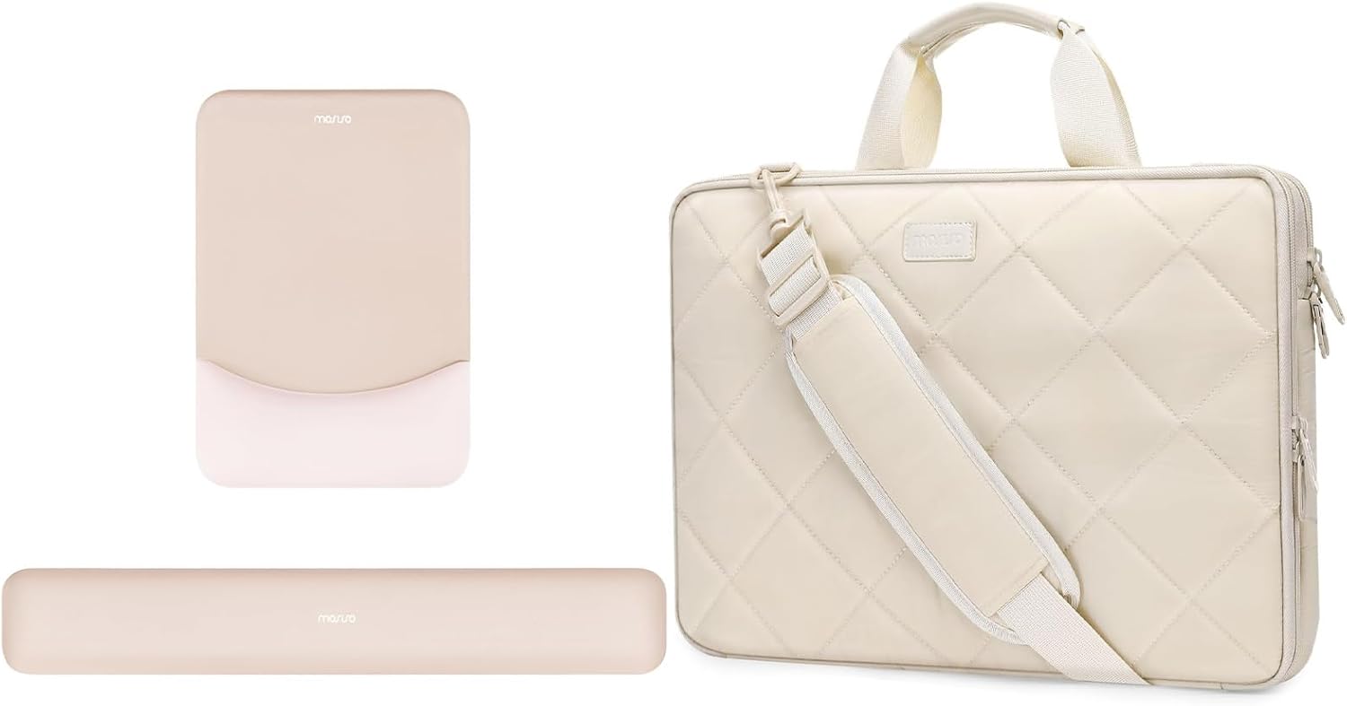 MOSISO Wrist Rest Support for Mouse Pad & Keyboard Set with Neoprene Cloth & Raised Curved Memory Foam & 15-15.6 inch 360 Protective Laptop Shoulder Bag with Anti-Theft Zipper, Apricot & Sand