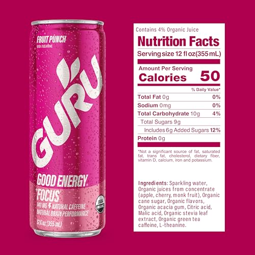 Image of GURU Energy Drink, Fruit Punch Organic Sparkling Energy Drink with Real Fruit Juice + L Theanine, 140 MG Natural Caffeine for Workouts, Performance & Midday Boost, Plant Based, Gluten Free, 12 Fl Oz, 12 Pack
