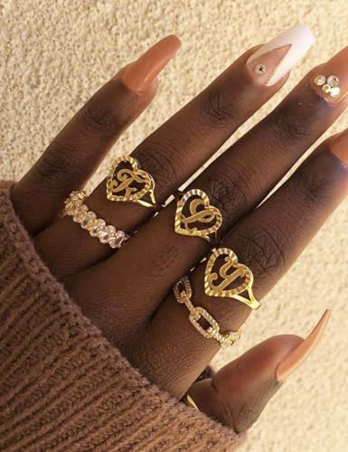 Image of RLMOON Gold Initial Rings for Women Non Tarnish 14K Gold Plated Vintage Heart Thumb Rings Personalized Carved Letter Statement Stackable Rings Size 6-10 Jewelry Gifts