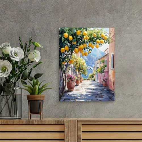 Lienzo impreso decorativo de acuarela costera con limonero y paisaje urbano de 40x55cm para casa 3