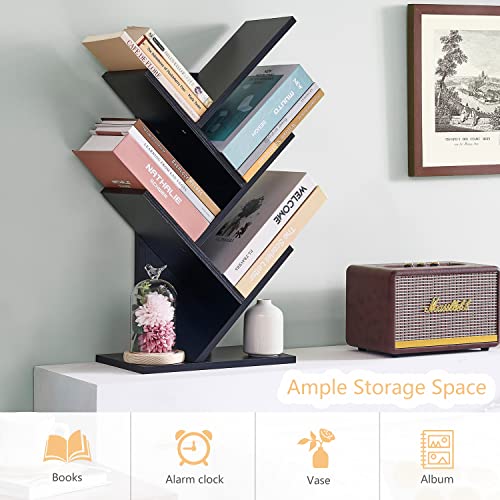 Hoctieon 4 Tier Tree Bookshelf, 4 Shelf Bookcase, Free Standing Tree Bookcase, Display Floor Standing Shelf For Books, Book Organizer Shelves For Home Office, Living Room, Bedroom, Black #TOP5
