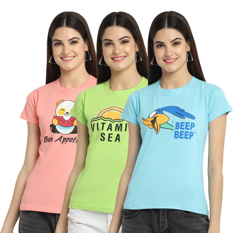 Image of Preneum Women's Cotton Regular Fit Graphic Stylish Printed Short Sleeves Casual T-Shirt || Trend Styles & Style (Pack 3)