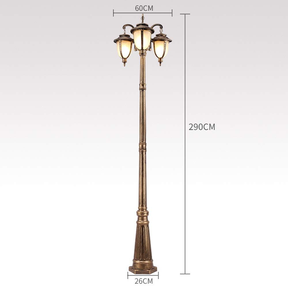 European Lawn Street High Pole Glass Pillar Light 3-Lights E27 Retro Outdoor Waterproof Anti Rust Metal Aluminum Post Light Garden Villa Aisle Street (Brass Height 290cm)