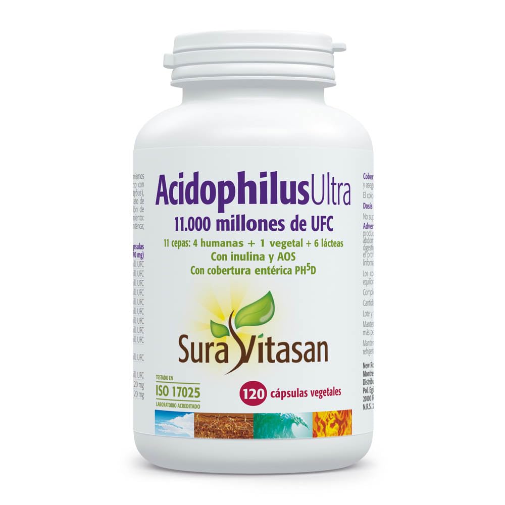 SURA VITASAN Acidophilus Ultra 120 Cápsulas con Cobertura Entérica | Probióticos con 11.000 Millones de UFC, 11 Cepas + Prebióticos FOS/AOS, para Equilibrio de Microbiota, Salud Intestinal