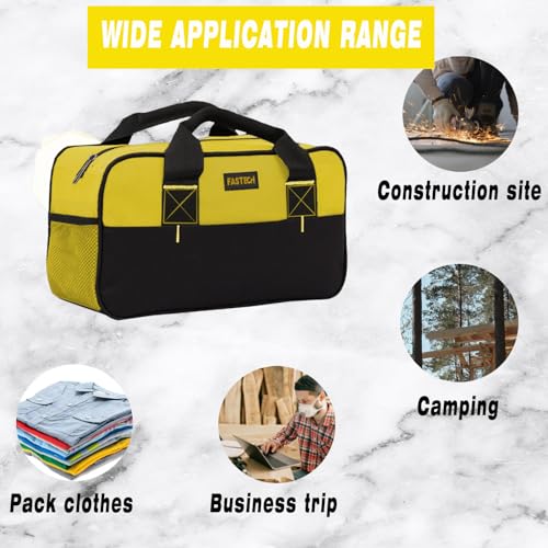 Image of FASTECH 14 Inch Tool Bag, Small Wide Mouth Tool Tote Bag, Waterproof Tool Organizer Bag, Electricians Repairman Tools Tote Bag Double Fabric Storage Bag (Yellow)