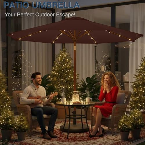 Image of 9' Solar LED Patio Umbrella with Tilt & Crank|8 Sturdy Ribs,UV Protection,Outdoor Market Table Umbrella for Deck,Lawn,Pool,Backyard(Brown)