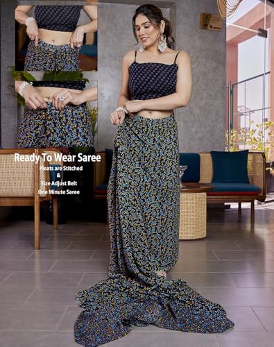 Image of Yashika Women's Georgette Printed Ready To Wear one Minute Saree With Unstitched Blouse | 1 Minute saree | Ready To Wear sari | saree for women