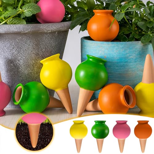 4PCS Terracotta Plant Watering Spikes Colorful Plant Watering Devices Automatic Irrigation System Continuous Moisture Vacation Plant Waterer Flower Pot Planter Insert