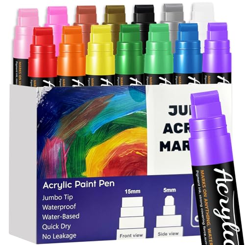 14 Couleurs Jumbo Acrylic Markers, Marqueur Acrylique à pointe large de 15mm, 3 en 1 Acrylic Paint Markers pour Pierres Bois Toile Verre Tasses, Feutre...