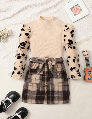 Image of Toddler Girl Clothes Girls Outfits Flare-lace Sleeve Top and Plaid Skirt Dress Fall Winter 2Pcs Girls Clothes 5-12T